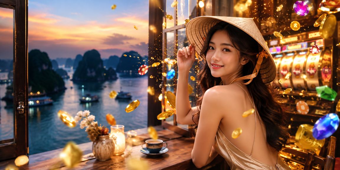 Người chơi slot game với nón lá truyền thống trên nền cảnh Vịnh Hạ Long tại Việt Nam