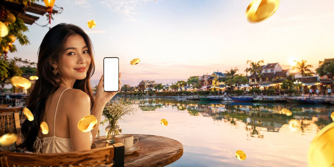 Người dùng tại Hội An nhận thưởng đăng ký mới của h24 trong buổi sáng uống cà phê